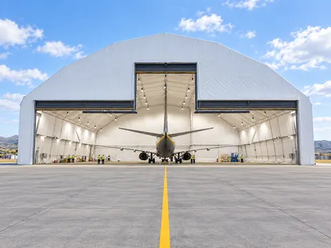 A hangar with a full width door opening