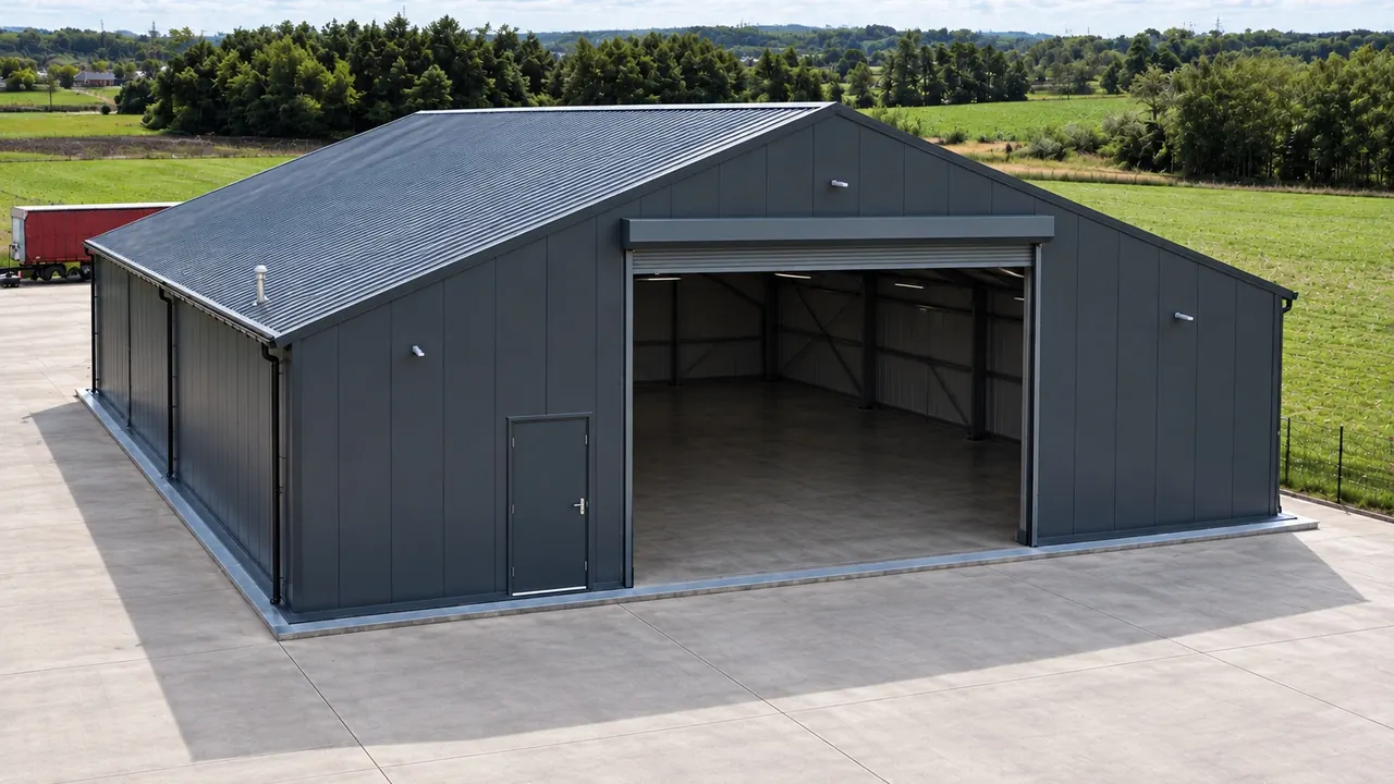 Dark clad steel-framed building with a gable roof and large roller door