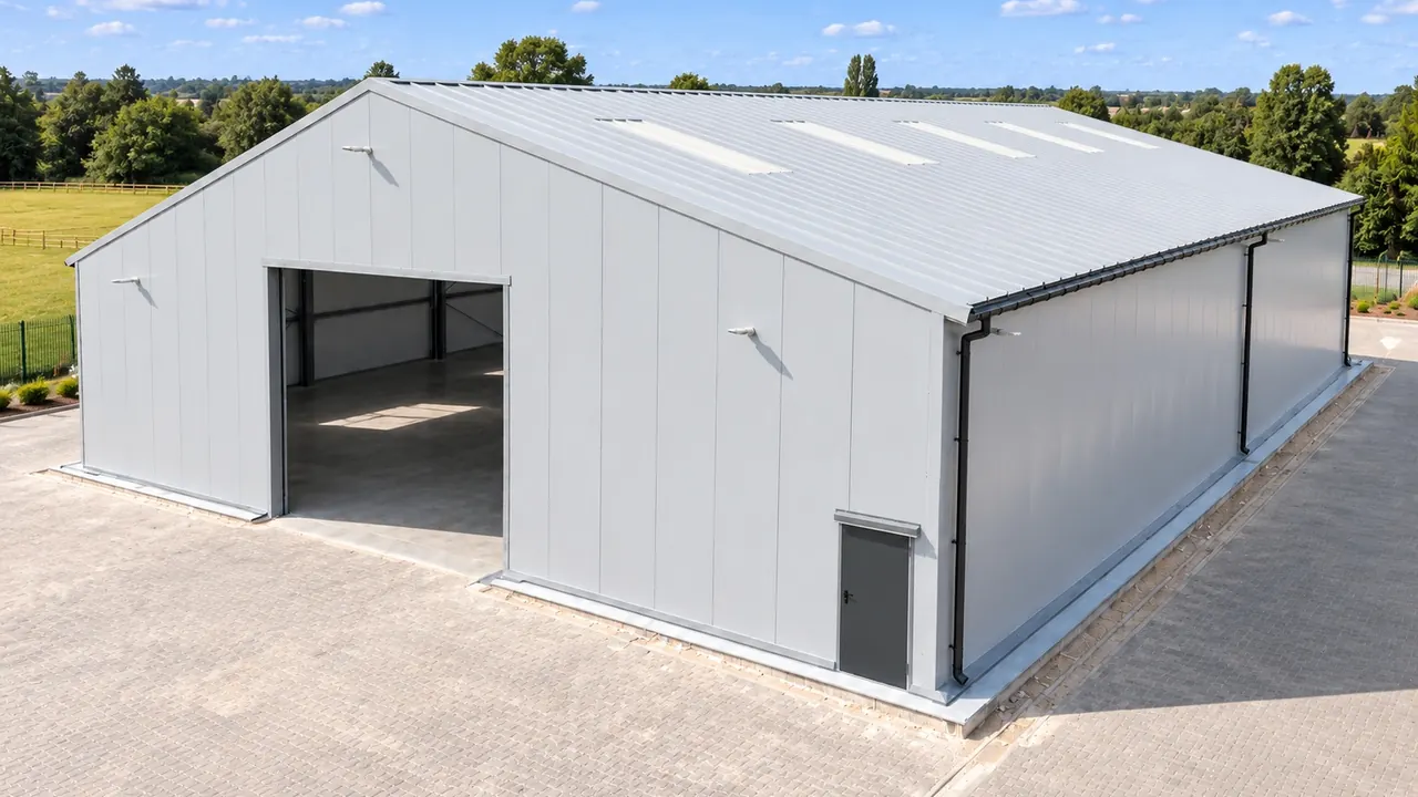 Light grey insulated semi-permanent building on a prepared base